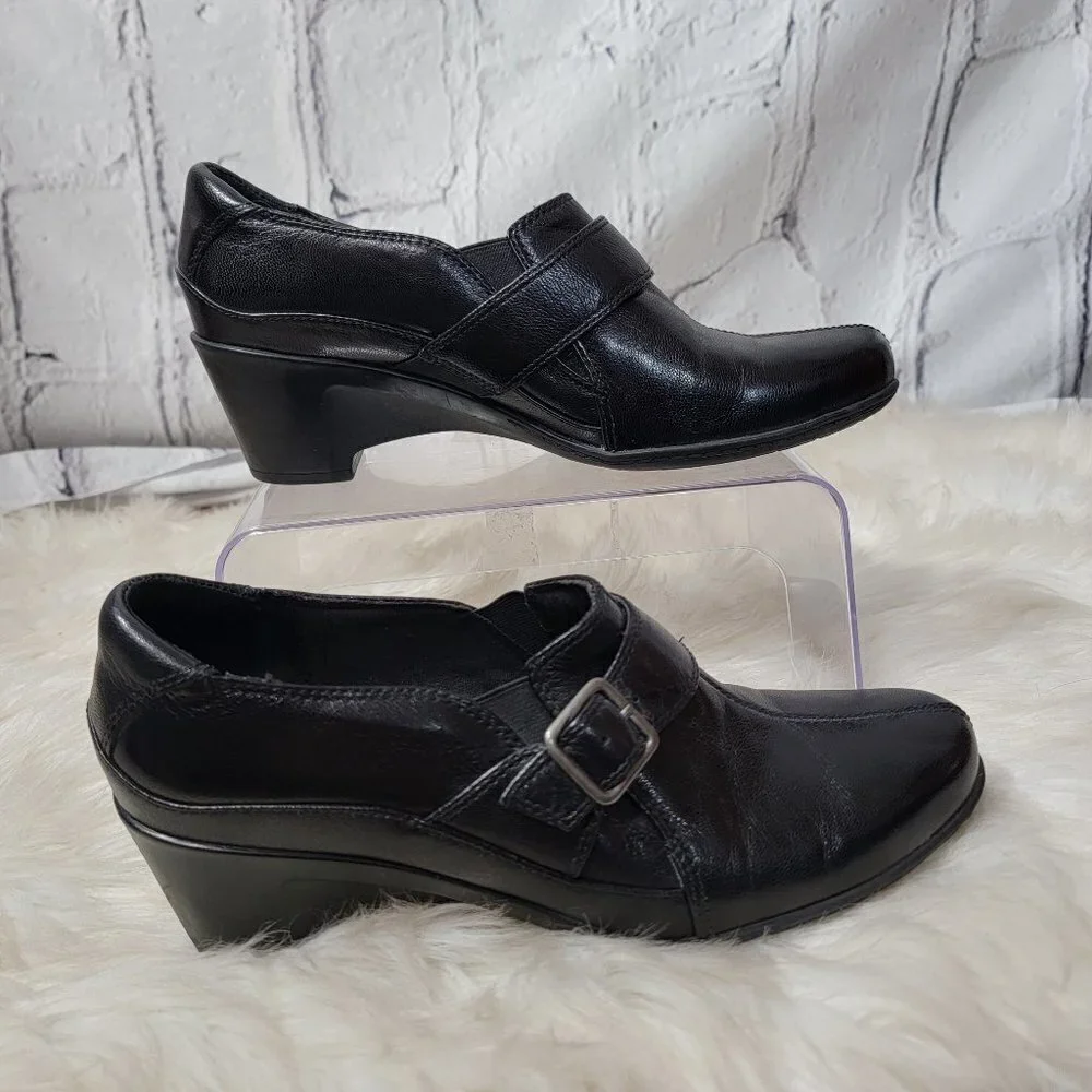 Clarks Bendables Womens Black Wedge Bootie Shoetie Buckle Comfort‎ Casual Sz 10